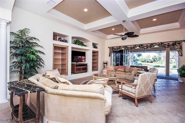8921 Crown Colony Blvd, Fort Myers, FL 33908 - living area with built in shelves, ceiling fan, coffered ceiling, beamed ceiling, and crown molding
