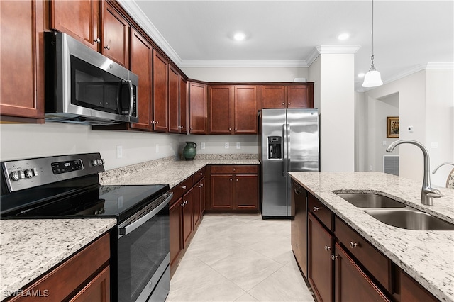 kitchen with light stone counters, decorative light fixtures, crown molding, appliances with stainless steel finishes, and sink