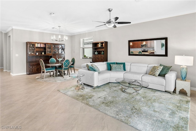 living room with ornamental molding, light tile patterned flooring, and ceiling fan with notable chandelier