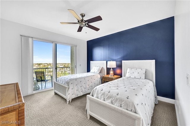 bedroom featuring access to exterior, carpet floors, and ceiling fan