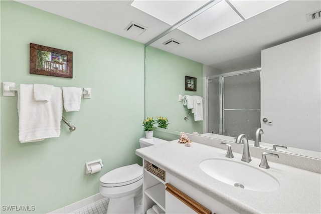 full bathroom featuring toilet, a stall shower, and visible vents