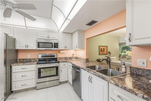 kitchen featuring kitchen peninsula, stainless steel appliances, white cabinetry, and sink