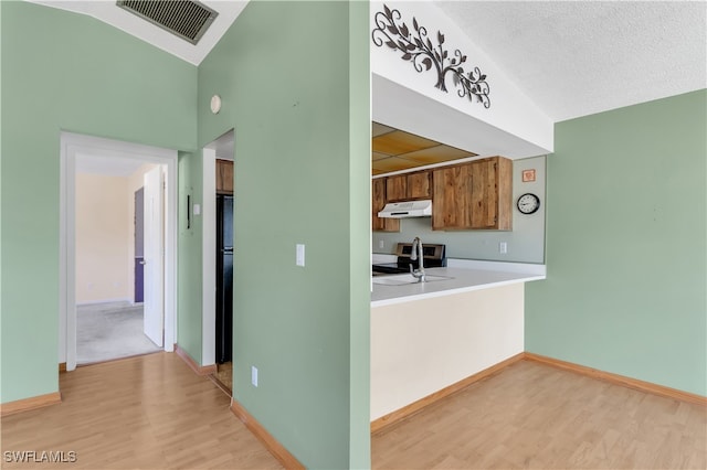 kitchen featuring sink, a textured ceiling, electric range, light hardwood / wood-style floors, and vaulted ceiling