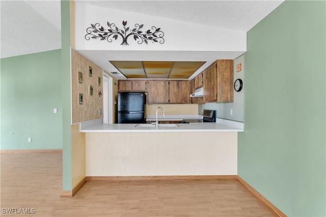 kitchen featuring sink, kitchen peninsula, vaulted ceiling, stainless steel range, and black refrigerator