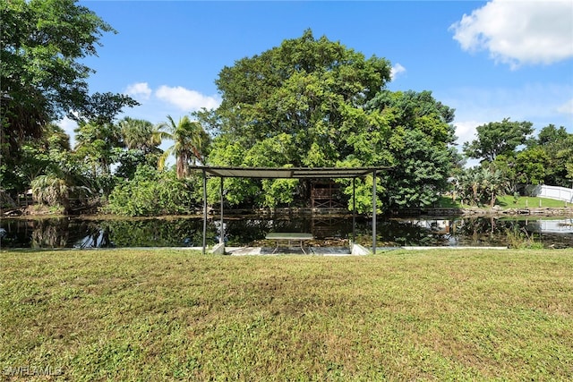 view of community with a water view and a lawn