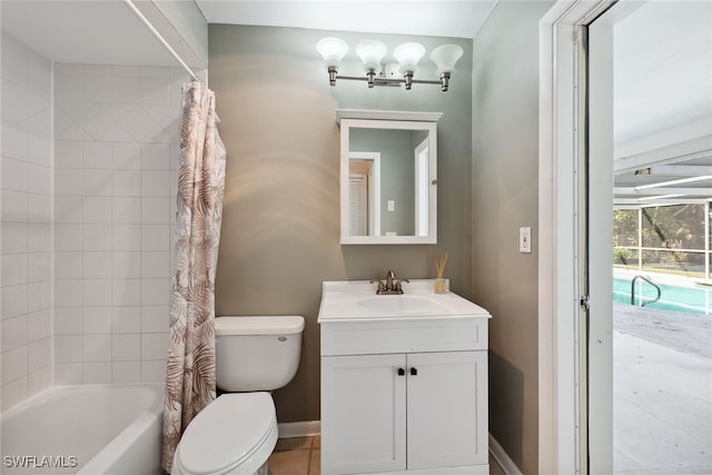 full bathroom with shower / bath combination with curtain, toilet, tile patterned floors, and vanity