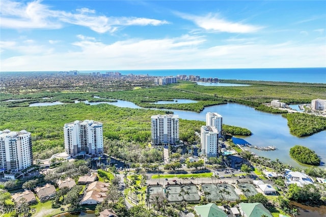 drone / aerial view featuring a water view