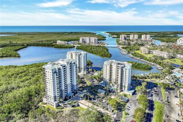 aerial view featuring a water view