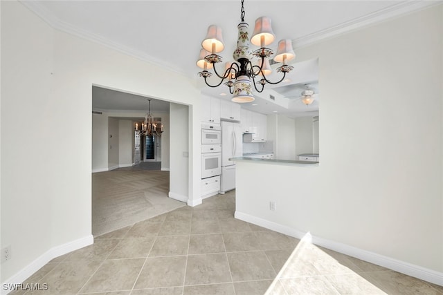 interior space featuring crown molding, ceiling fan with notable chandelier, and light tile patterned floors