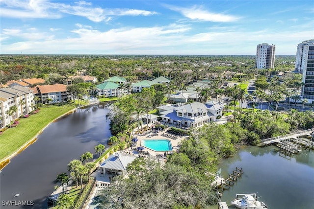 birds eye view of property featuring a water view