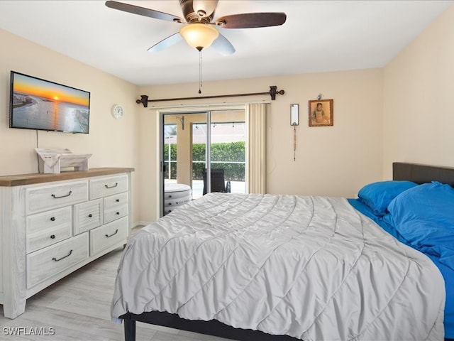 bedroom featuring ceiling fan, access to outside, and light wood-type flooring