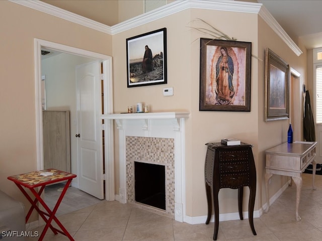 interior space featuring ornamental molding, a fireplace, and light tile patterned floors