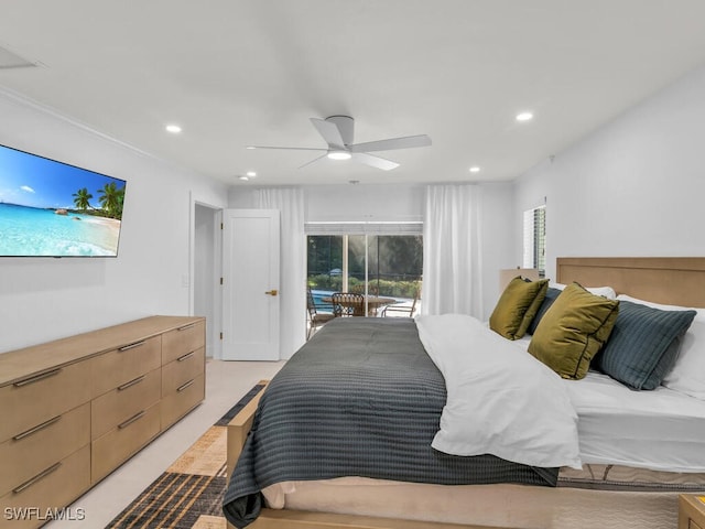 bedroom with recessed lighting, a ceiling fan, and access to outside