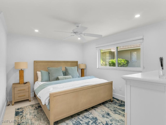 bedroom with recessed lighting, a ceiling fan, and baseboards