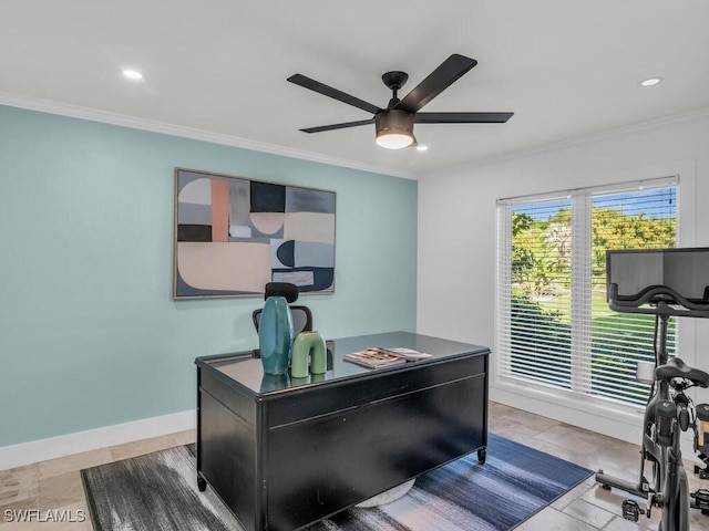 home office featuring ornamental molding, recessed lighting, and ceiling fan