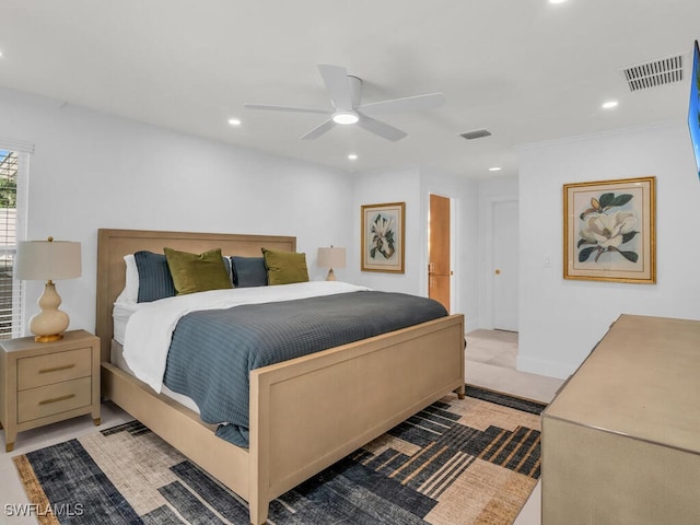 bedroom featuring recessed lighting, a ceiling fan, and visible vents