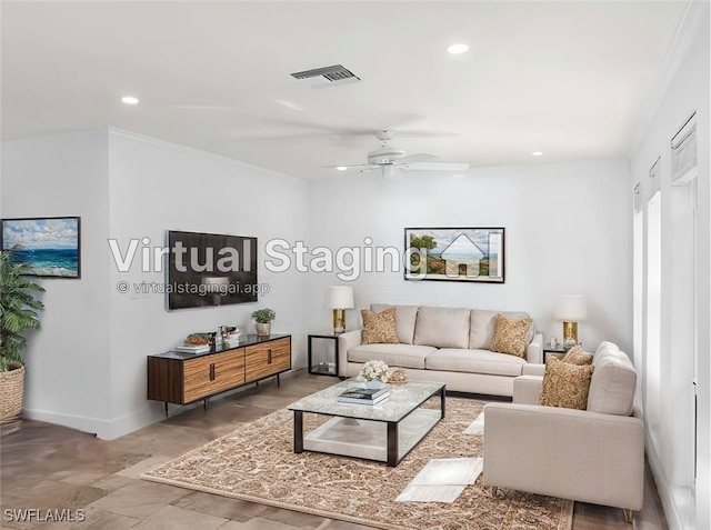 living room featuring baseboards, visible vents, ceiling fan, and recessed lighting
