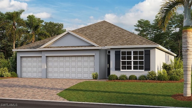 ranch-style house featuring decorative driveway, an attached garage, a front lawn, and stucco siding