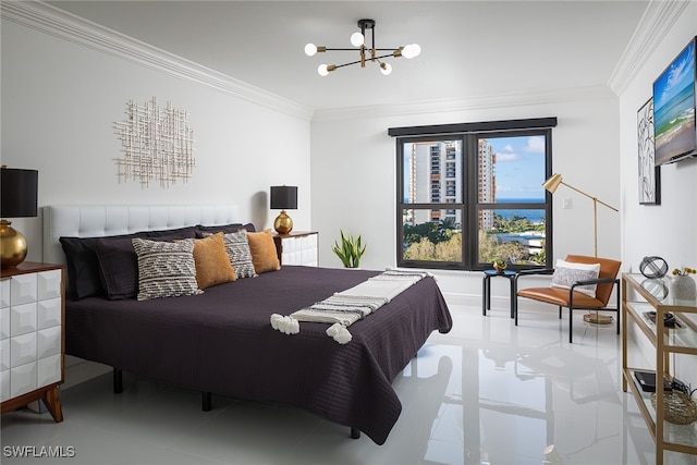 bedroom featuring an inviting chandelier and ornamental molding