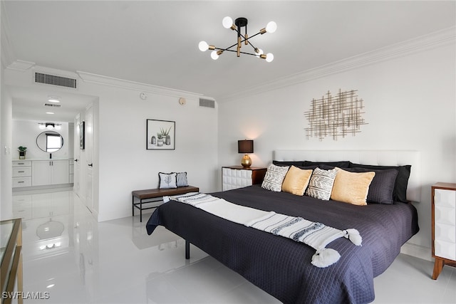 bedroom featuring an inviting chandelier and ornamental molding