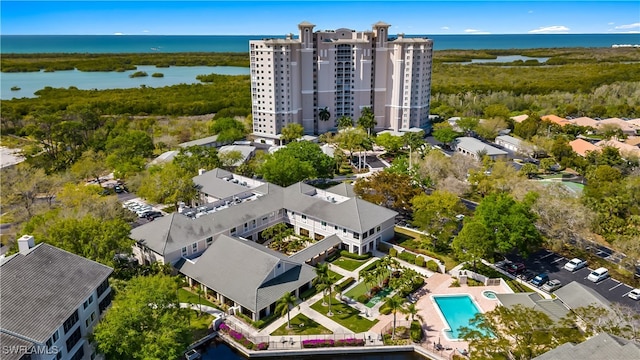 bird's eye view with a water view