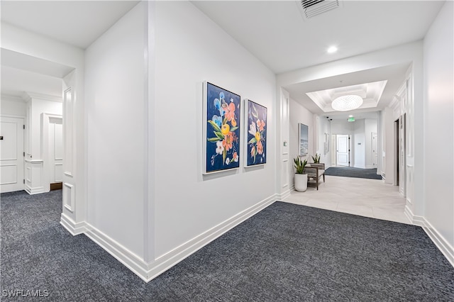 hall featuring carpet floors and a raised ceiling