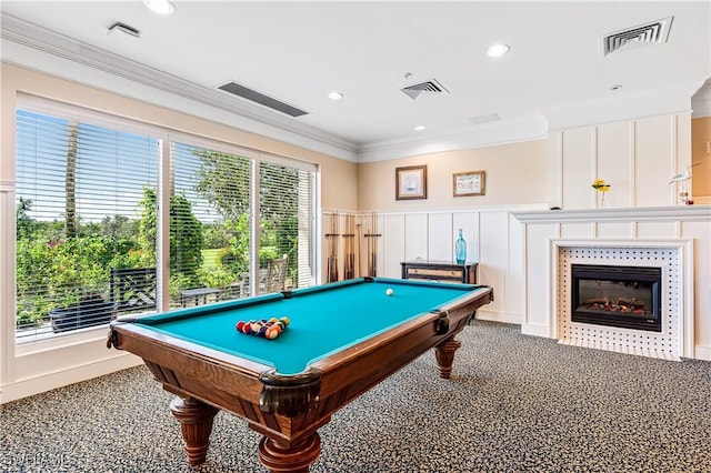 recreation room with pool table, ornamental molding, carpet, and visible vents