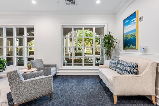 living area featuring ornamental molding, carpet flooring, recessed lighting, and visible vents