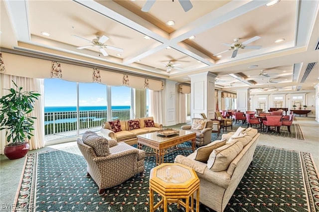1001 Arbor Lake Dr Unit 502, Naples, FL 34110 - lobby featuring coffered ceiling, a water view, beam ceiling, and recessed lighting