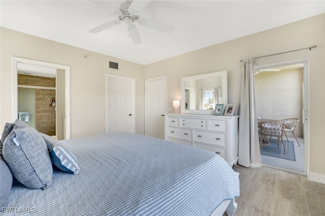 bedroom featuring ceiling fan and light wood-type flooring