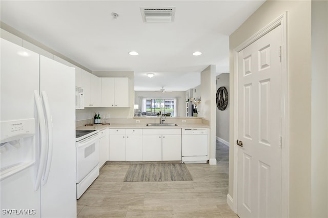 kitchen with white cabinetry, sink, white appliances, and kitchen peninsula