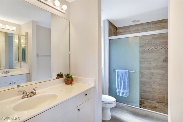 bathroom with vanity, a shower with door, and toilet