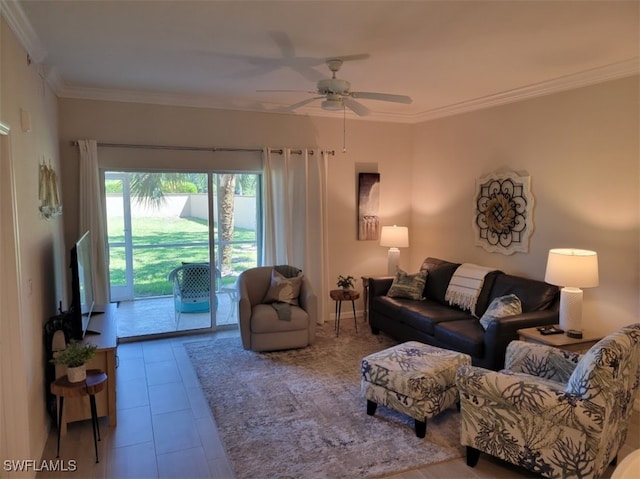 tiled living room with crown molding and ceiling fan