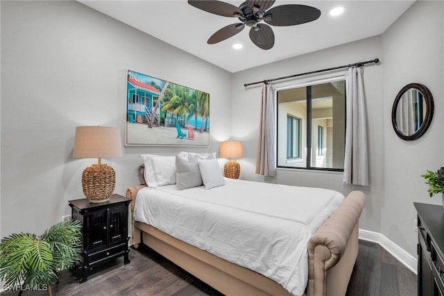 bedroom featuring recessed lighting, a ceiling fan, baseboards, and dark wood-style flooring