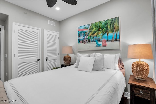 bedroom featuring recessed lighting, visible vents, and ceiling fan