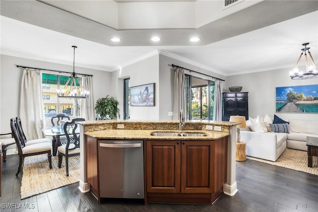 kitchen with light stone counters, dark wood-style floors, a sink, dishwasher, and a notable chandelier