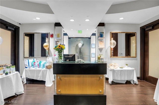 kitchen featuring recessed lighting and dark wood-style floors