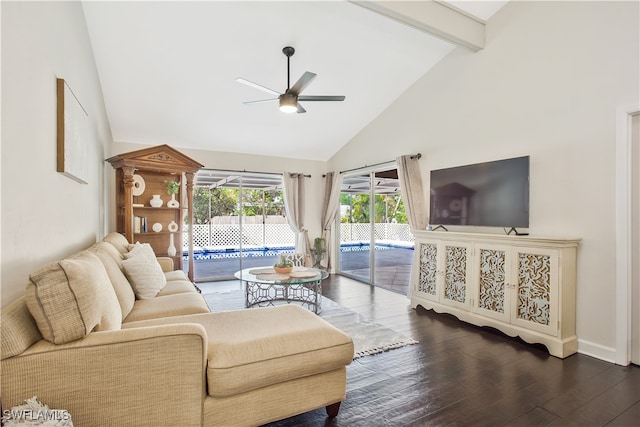 living room with beam ceiling, ceiling fan, high vaulted ceiling, and dark hardwood / wood-style flooring