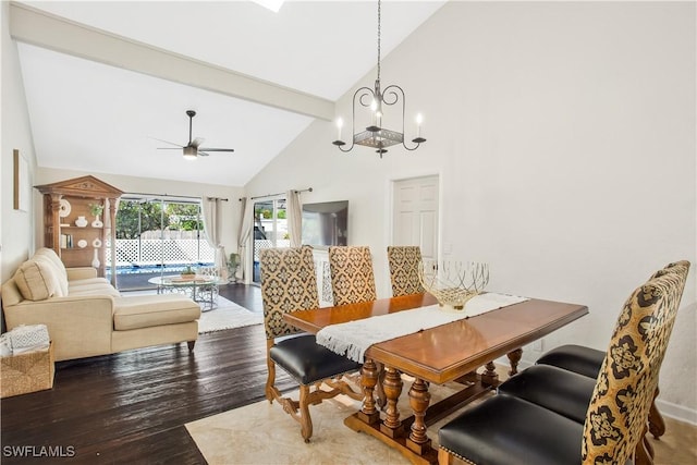 1039 Cardinal St, Naples, FL 34104 - dining room with high vaulted ceiling, wood finished floors, beamed ceiling, and ceiling fan with notable chandelier