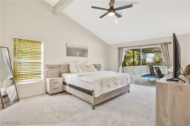 1039 Cardinal St, Naples, FL 34104 - bedroom featuring high vaulted ceiling, light carpet, baseboards, beam ceiling, and access to exterior