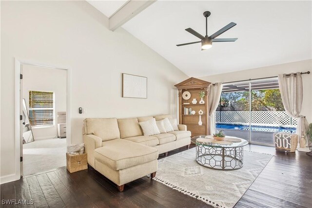 1039 Cardinal St, Naples, FL 34104 - living area featuring beamed ceiling, high vaulted ceiling, a ceiling fan, and hardwood / wood-style flooring