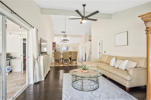 1039 Cardinal St, Naples, FL 34104 - living area with beam ceiling, a ceiling fan, dark wood-style floors, and high vaulted ceiling