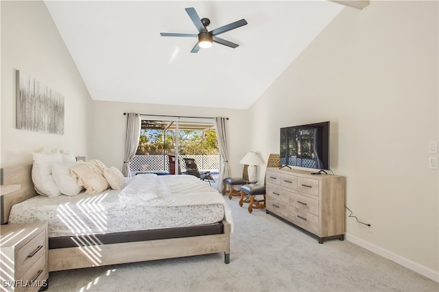 carpeted bedroom with ceiling fan, high vaulted ceiling, and access to exterior