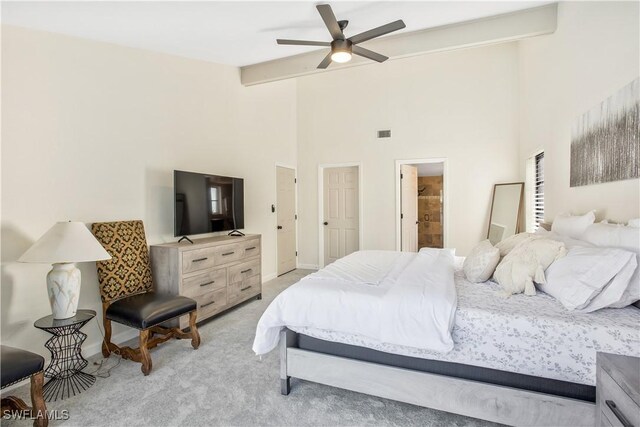 1039 Cardinal St, Naples, FL 34104 - bedroom with visible vents, light colored carpet, baseboards, high vaulted ceiling, and ceiling fan