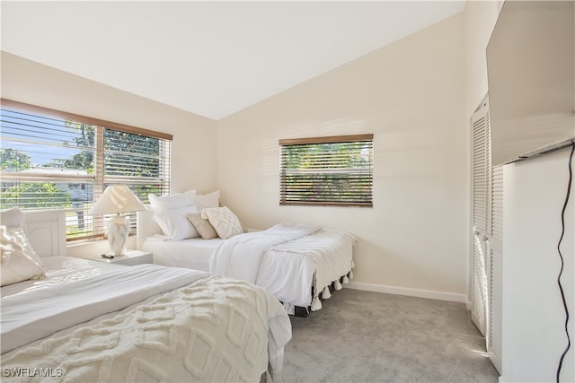 bedroom with a closet, multiple windows, lofted ceiling, and light colored carpet