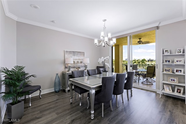 dining area with an inviting chandelier, crown molding, and dark wood-type flooring