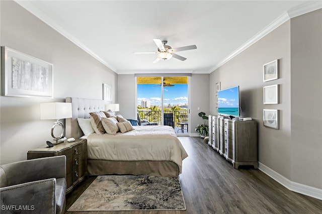 bedroom featuring baseboards, dark wood-type flooring, crown molding, and access to outside