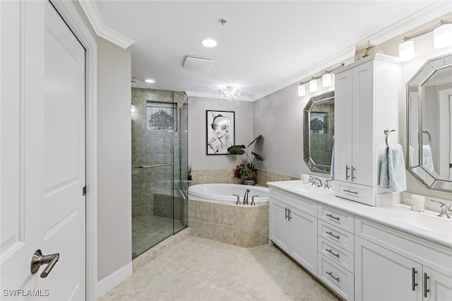 bathroom featuring a stall shower, ornamental molding, a sink, double vanity, and a bath