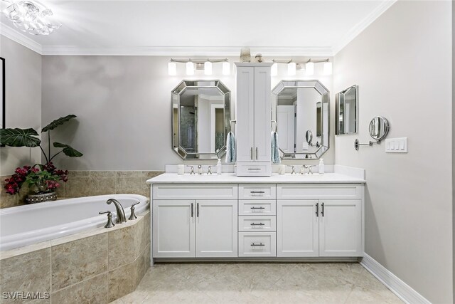 bathroom with a sink, double vanity, a bath, and crown molding