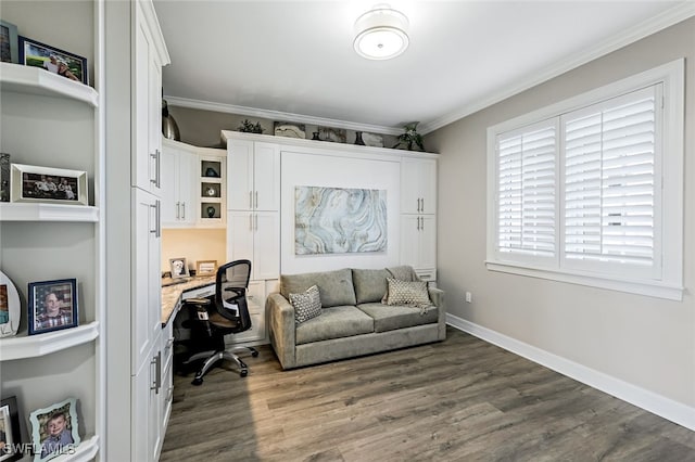 home office with baseboards, dark wood-style flooring, and ornamental molding